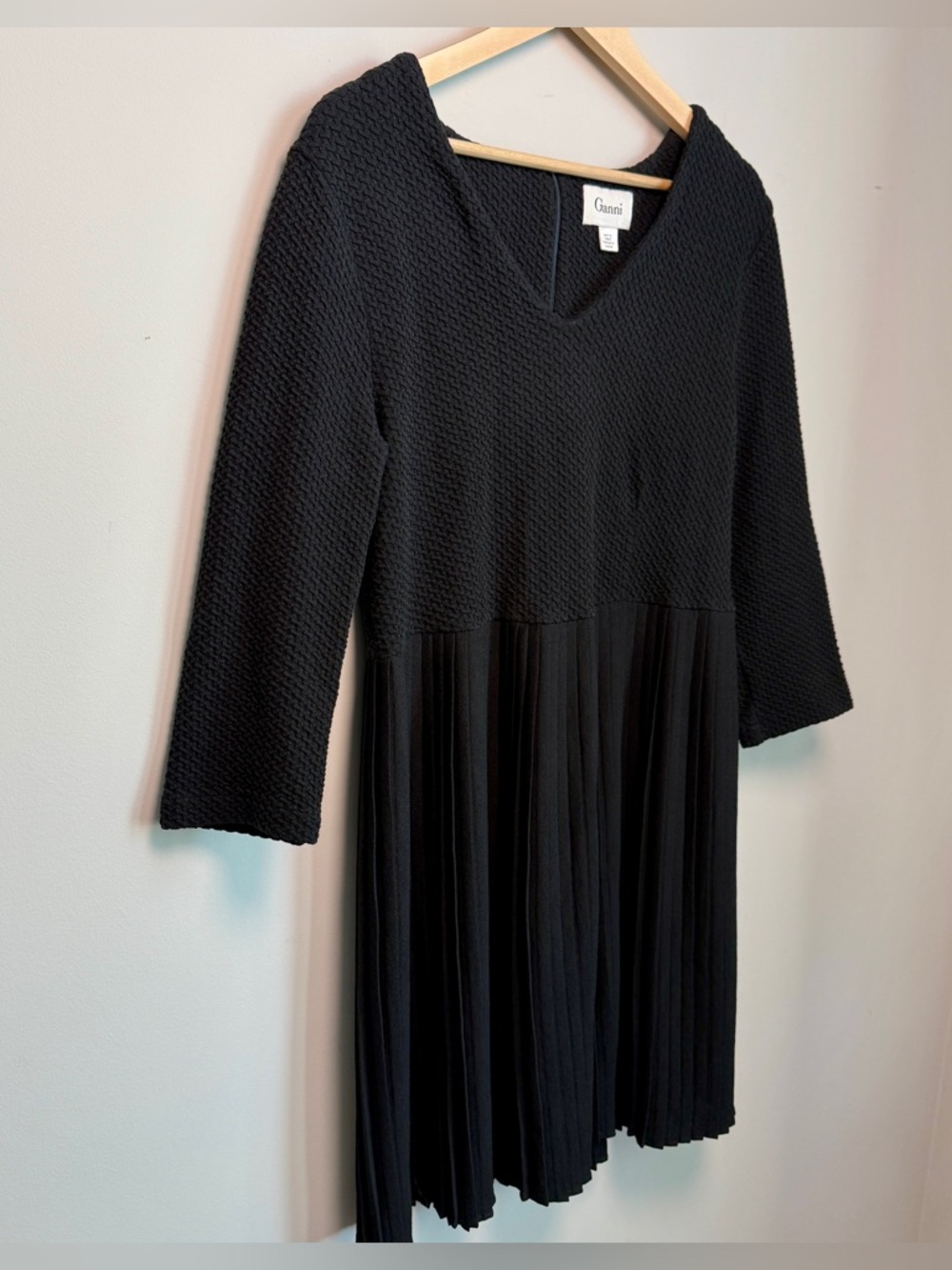 Anthropologie Ganni Black Textured Cotton Pleated Hem Mini Dress | Size L - Picture 4 of 12